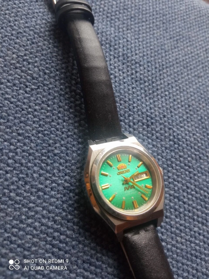 Antigo Relógio Automático Orient Feminino 25mm Mostrador Verde Tom Prata 21 Joias Data Dia - Imagem 4 de 4