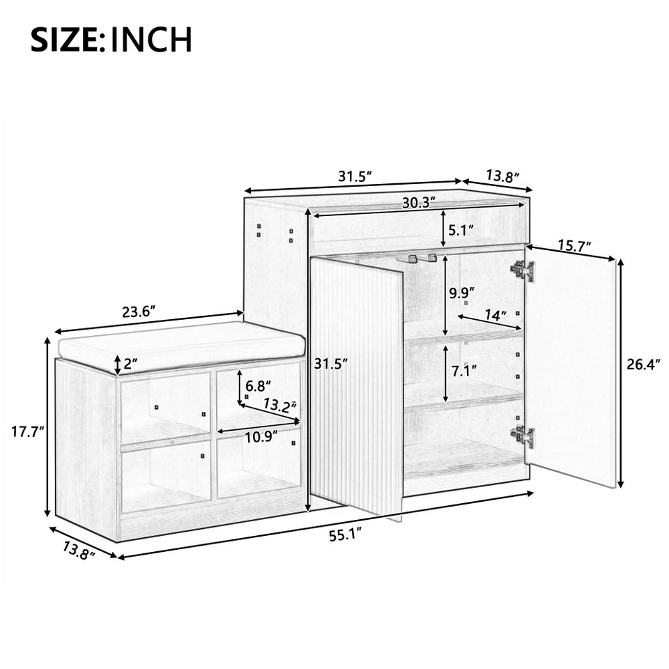 Style Livingroom Entryway Cabinet Shoe Bench 2 Doors 3-Tier Shelves - Image 2 of 4
