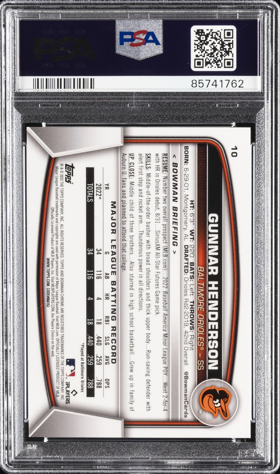 2023 BOWMAN CHROME SAPPHIRE EDITION #10 GUNNAR HENDERSON ROOKIE RC 30/75 PSA 10 view 2