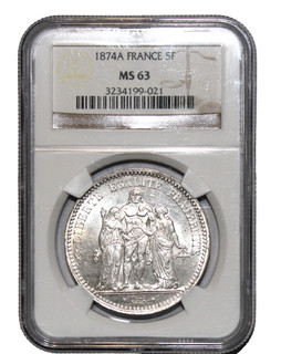 5 Francs Hercule 1874 Paris gradée MS63 par NGC ! Trés rare état conservation !