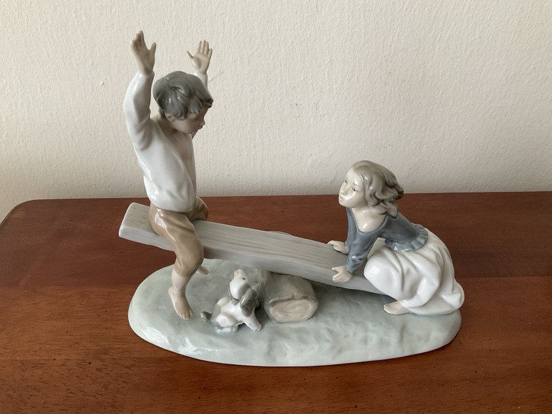 NAO Lladro Spain Bisque Porcelain Boy and Girl on Seesaw with Dog