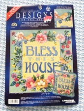 Floss needlepoint canvas BLESS THIS HOUSE floral, 14 x 14 pillow