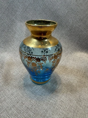 Vintage Vecchia Murano Venetian Turquoise Glass Vase w/24K Gold Trim High End