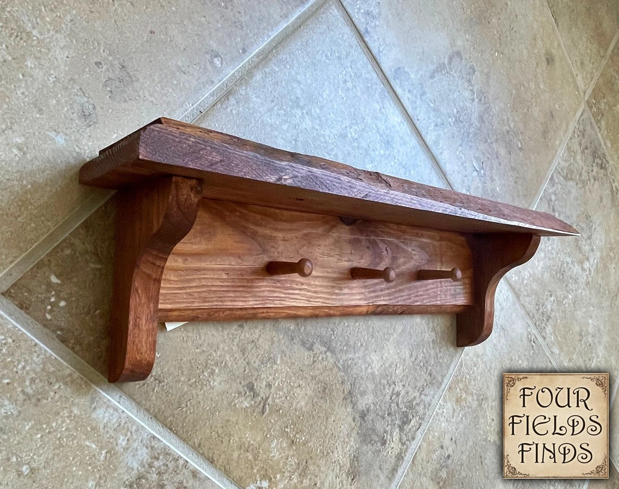 Vintage Farmhouse Style Harvested Hand Crafted 15.5" Pine Wood Shelf 3 Key Pegs