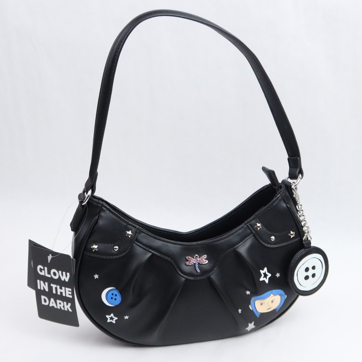 Coraline Shoulder Bag Purse Baguette Black GLOW Button Keychain