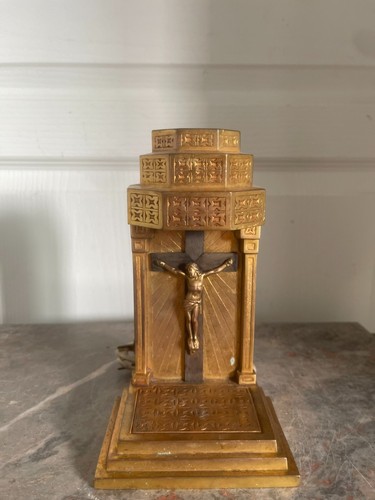 Ancien Lampe Table Chevet Croix Crucifix Doré Laiton Religieuse - Photo 4 sur 15