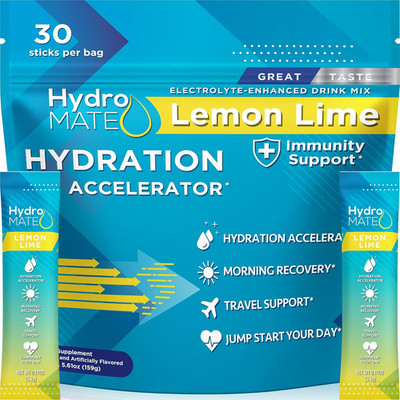 Hydromate Electrolyte Powder Lemon Lime Hydration Packets 30 Count EXP:02/28
