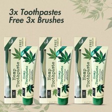 3x 100ml HEMP TOOTHPASTE +FREE TOOTHBRUSHES Natural Hemp Oil Fluoride Free XOC 33.17 per litre