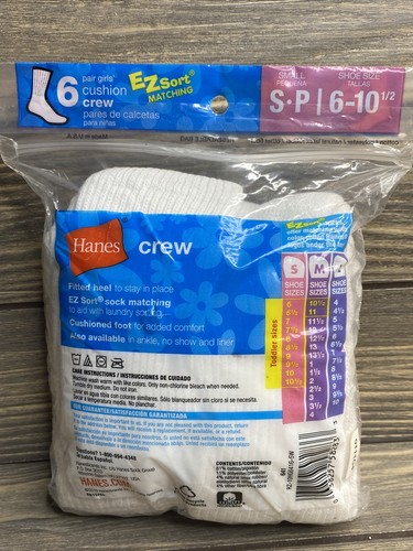 Hanes 6 Pair Girls White Cotton Cushion Crew Socks Small 6-10.5 A3 - Picture 2 of 3