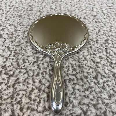 Heavy Vintage Antique Silver Plated Ornate Vanity Hand Mirror 8.75