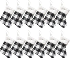 12-Pack Mini 7″ Buffalo Plaid Christmas Stockings Set White & Black Xmas Décor