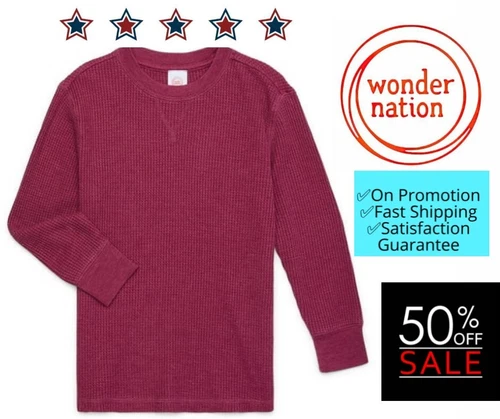 Wonder Nation Boys L 10-12 Thermal Top Long Sleeves Burgundy Crewneck Pullover - Picture 1 of 12