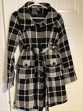Poetry Clothing Coat Wool Blend Belted Black & White Buffalo Plaid Womens Size 9
