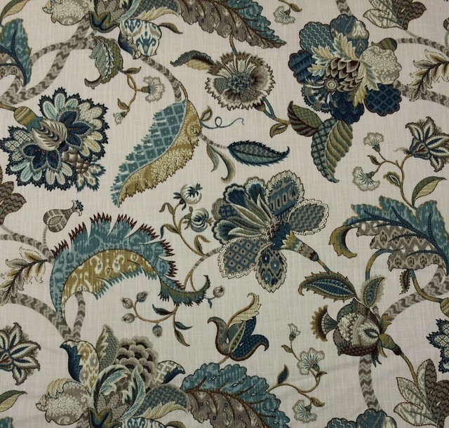 Ballard Designs Courtney Peacock Blue Jacobean Floral Fabric by The