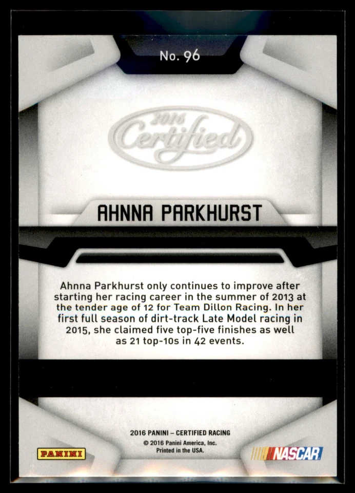 2016 Panini Certified Racing NASCAR Base Set #96 Ahnna Parkhurst RC Qty - Image 2 of 2