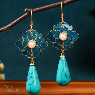 Vintage Flower Earrings Jade Drop Dangle Earring Gold Tone