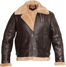 B3 Bomber Jacket Brown Real Sheepskin RAF Aviator WWII Flight Coat Men