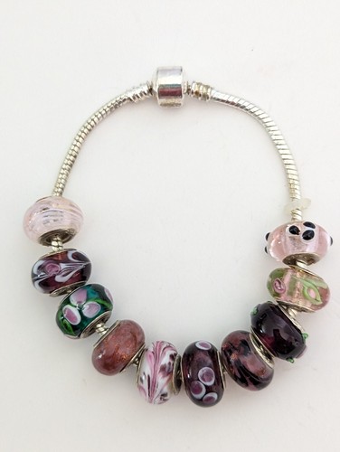 Sterling Silver 925 bracelet w/ 10 Glass Murano Style Glass Charms