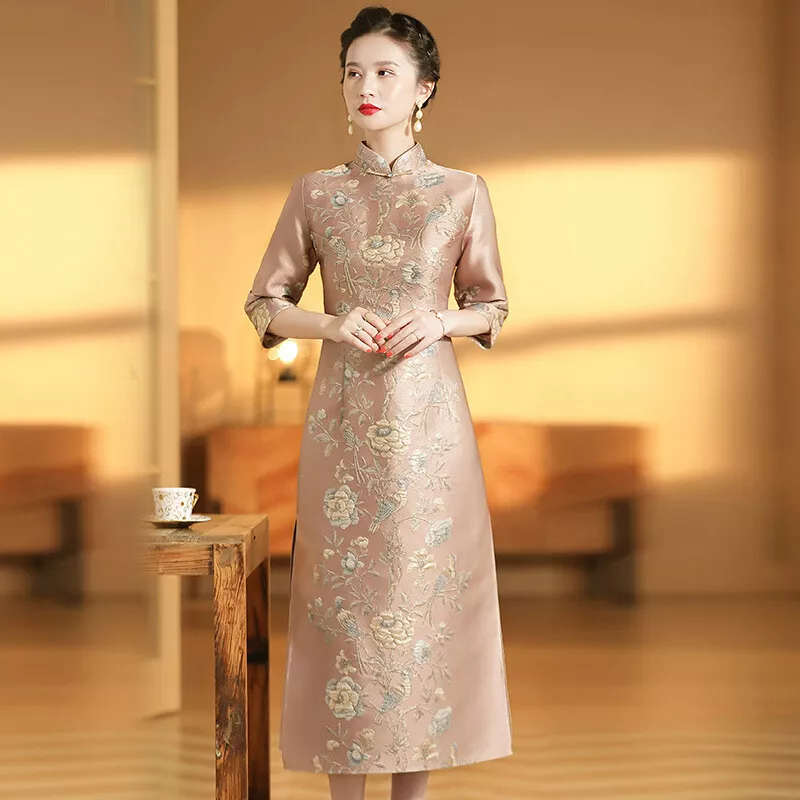 Mandarin Collar Dress Modern Cheongsam Qipao 3/4 Sleeve Long Maxi Asian Vintage