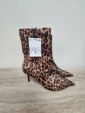 Zara Leopard Print Pointy Toe Heeled Boots. UK 4. New