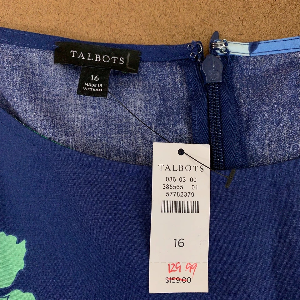 Talbots Womens 16 Blue Cotton Floral Crew Neck Modern Poplin A-Line Dress NWT - Image 2 of 4