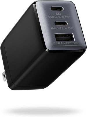 67W USB C Charger, 3-Port GaN Fast Charging Block with Foldable Plug, Compatible