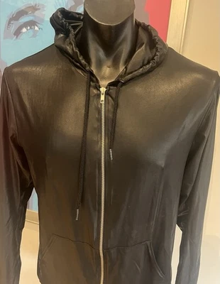 Vintage American Apparel Y2K liquid hoody hoodie faux leather slick black  - Image 1 of 4