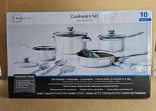 Mainstays Stainless Steel 10Pc Cookware Set Of Pots Pans & Serving Utensils NEW