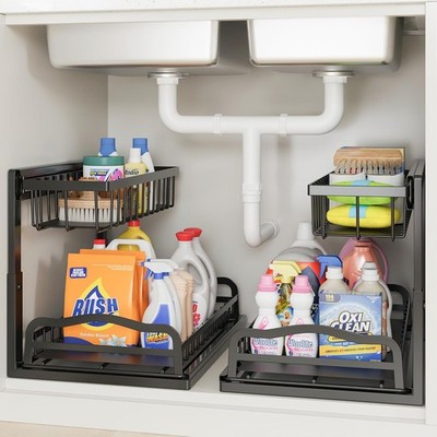 2 Stück Unter Waschbecken Organizer Schiebe Metall 2 Ebenen Schrank Regal Ausziehkorb