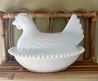 Vintage Indiana White Milk Glass Hen on Nest Covered Bowl Pressed Glass
