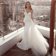 One Shoulder Mermaid Wedding Dress Ivory Lace Floral Appliques Customized