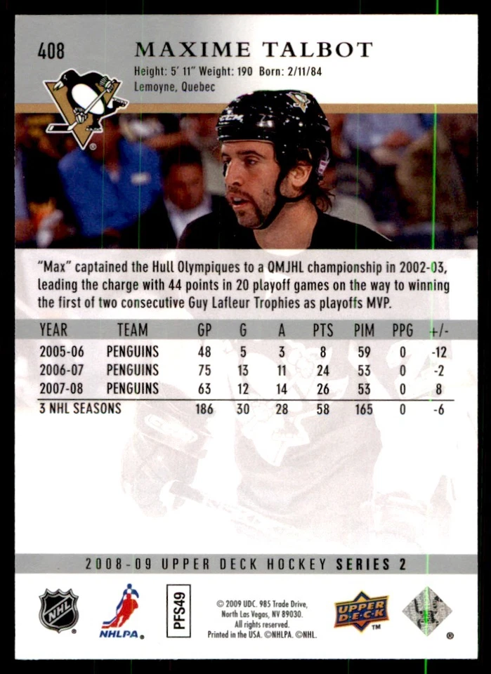 2008-09 Upper Deck Maxime Talbot Pittsburgh Penguins #408 - Image 2 of 2
