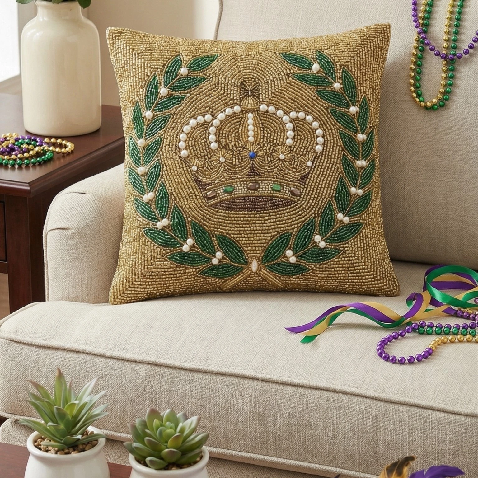 Mardi Gras Beaded Crown Throw Pillow Cover - Gold Green Pearl Embroidery Accent