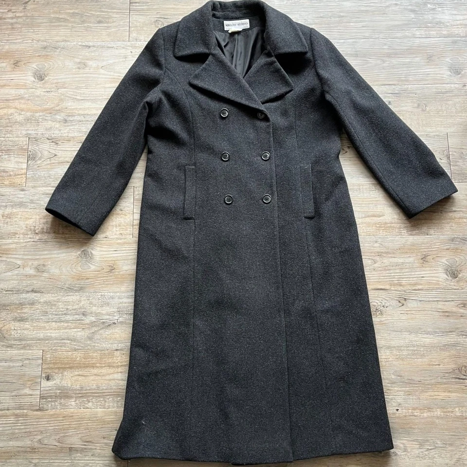 Gabardina Adolfo Studio para mujer XL 16 lana gris oscuro negra vintage años 90 larga Foto 2 de 4