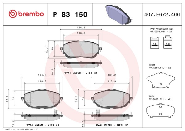 Vorderachse Brembo P 83 150 Bremsbelagsatz, Scheibenbremse FüR Toyota-image