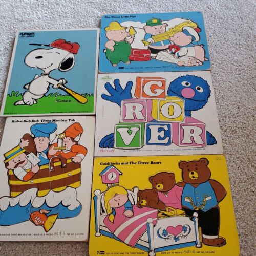 Vintage Wooden Puzzles Set Of 5. Snoopy,RubADub, 3 Little Pigs,Grover PLUS - Afbeelding 1 van 5