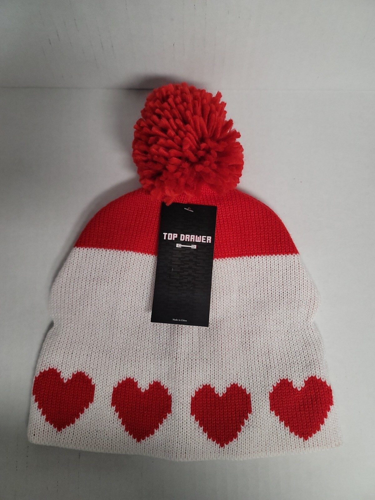 Beanie POM Hat Adult OSFM Red Hearts All Over Love Brand NEW-image
