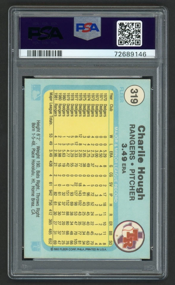 1982 FLEER CHARLIE HOUGH #319 TEXAS RANGERS VINTAGE PSA 8 NEAR MINT-MINT - Image 3 of 3