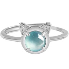 Certified A-grade Burma Jadeite jade ice blue 925 silver adjustable cat ring