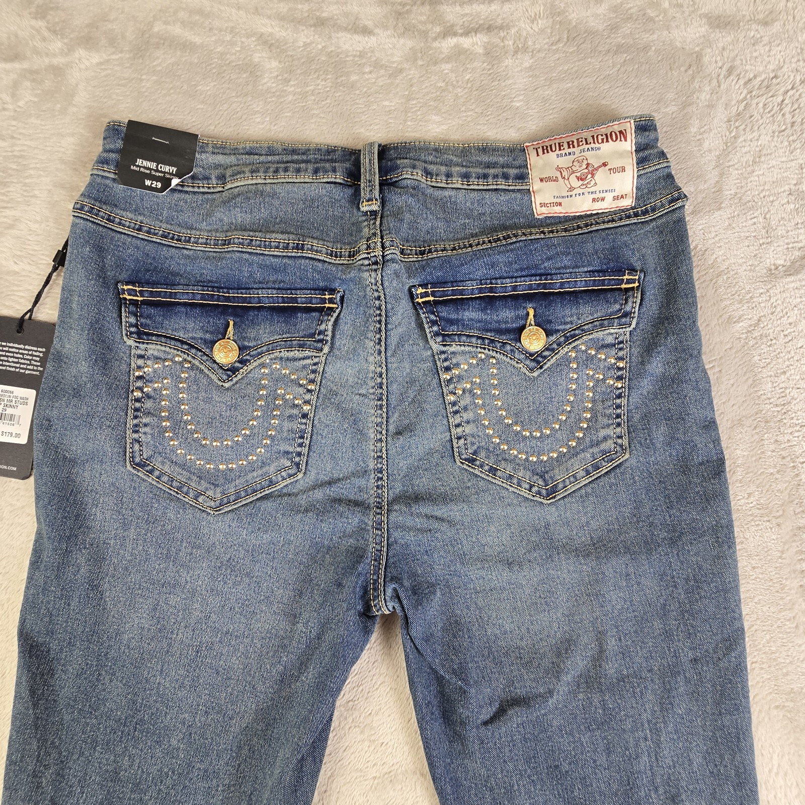 True Religion Jennie Curvy Size 30 Medium Wash Studded Flap Skinny Jeans