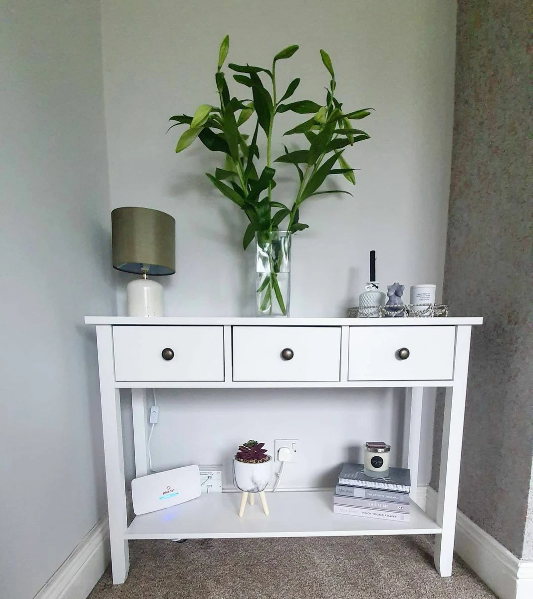 Slim White Console Table with Drawers Wooden Hallway Furniture Storage Shelf