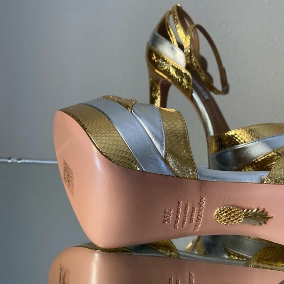 New Aquazzura Scallop Bicolor Metallic Ankle-Strap Platform