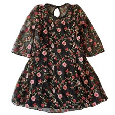 Vesture Group Women Mini Dress XS Black Floral Embroidery A-Line Lace 3/4 Sleeve