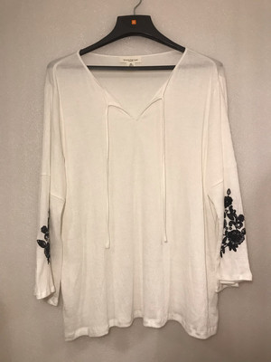 New! Skye's The Limit Long Sleeve Smocked Tie V-Neck Blouse, White w/ Embroidery