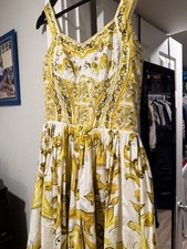 Dolce & Gabbana Yellow White Baroque Print Fit & Flare Cotton Midi Dress Pleated