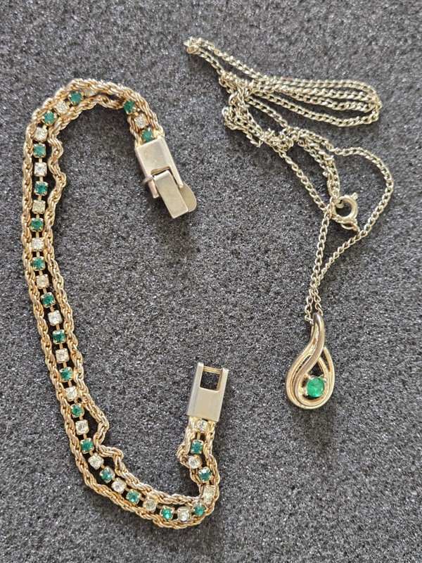 Vintage Necklace w Green Stone & Braided Chain Bracelet w Green Rhinestones