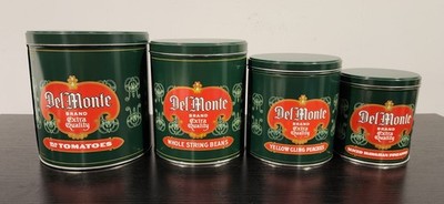 Del Monte Adv. canisters  Set of 4 Tomatoes, Beans, Peaches, Pineapples  VG