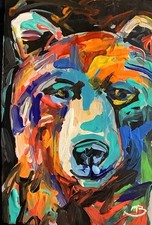 Art Colorful Bear Acrylic Original ACEO painting 2.5x3.5 in. on Art Board
