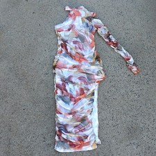 Shein X One Shoulder Abstract Mesh Ruched Dress L Slit Bodycon Cocktail Party