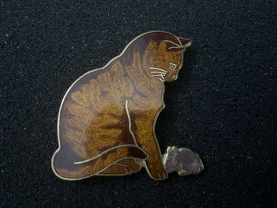Cloisonné Emaille Katze & Maus Brosche Vintage 80er Jahre